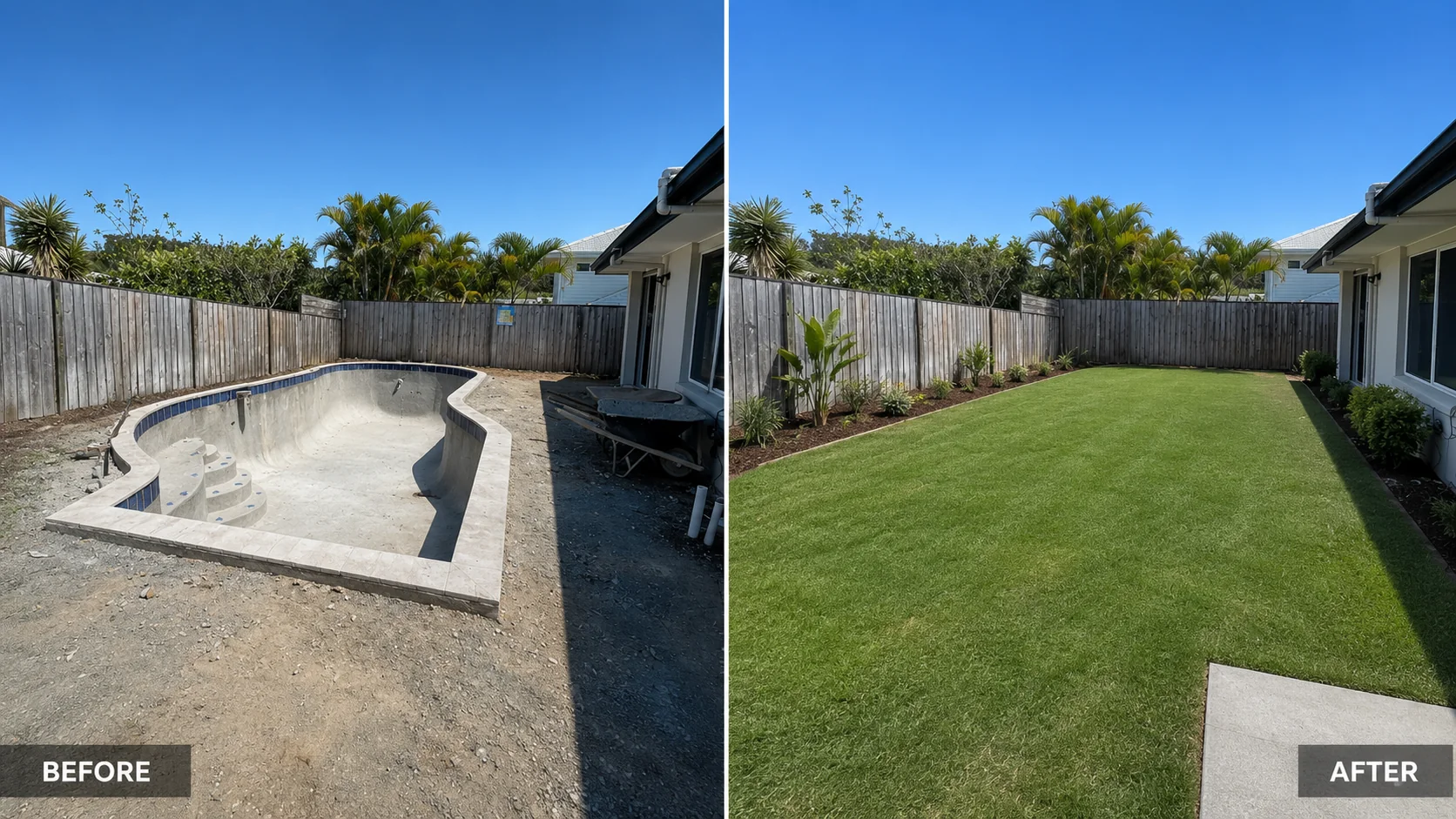 Representative before and after pool removal transformation with the former pool area reinstated as lawn