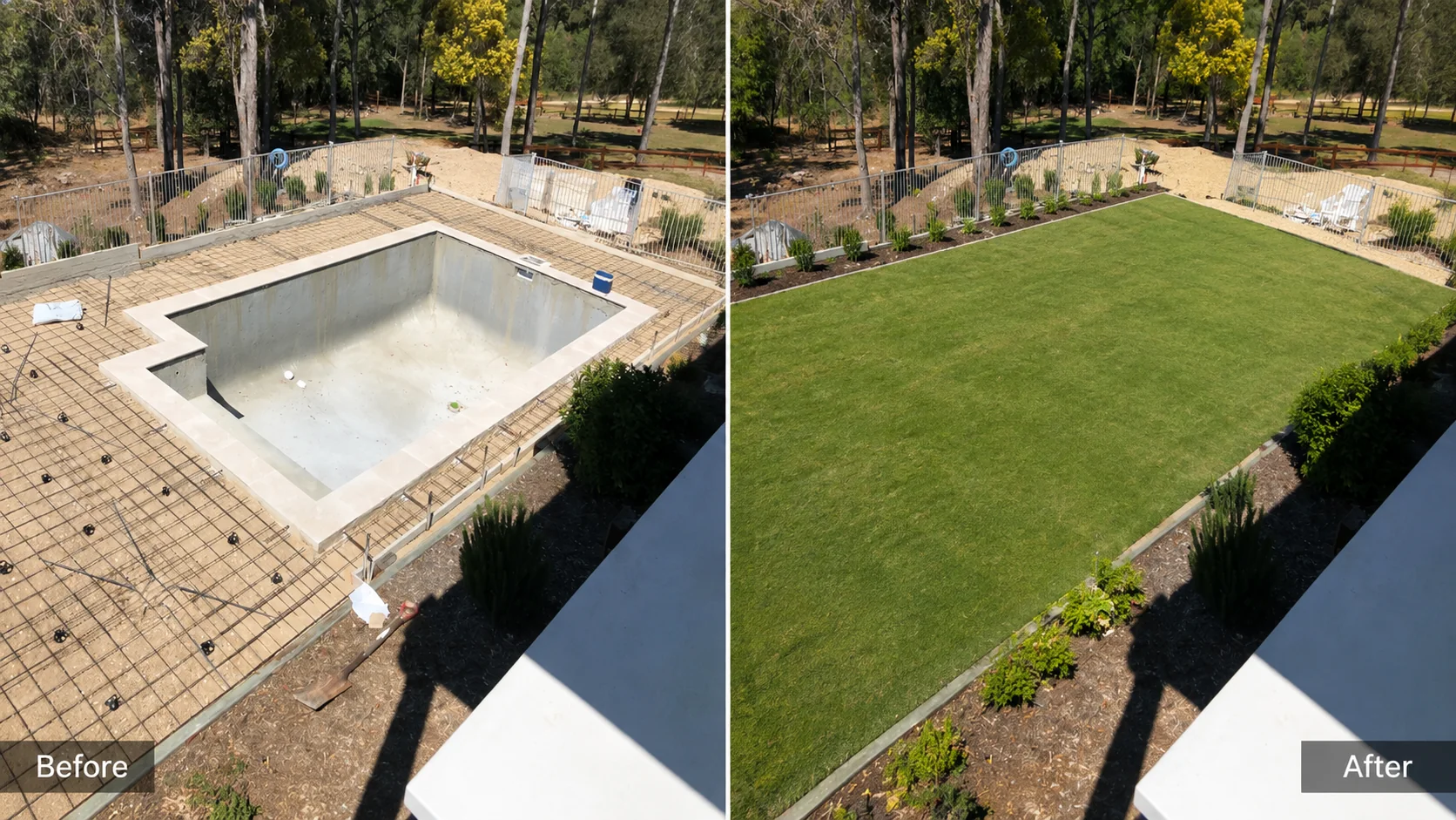 Representative elevated before and after view showing an empty pool transformed into a grassed backyard
