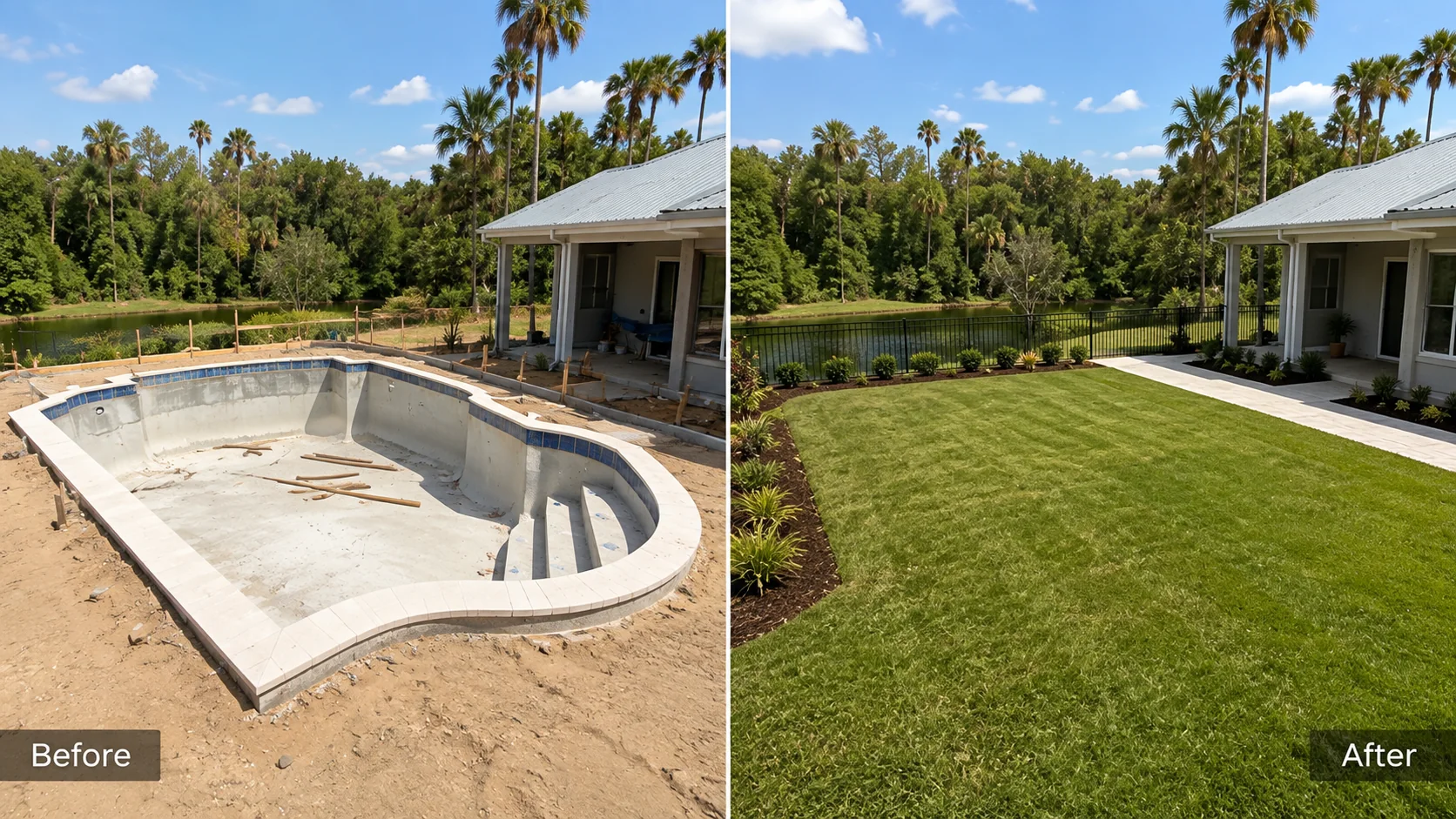 Representative before and after pool removal beside a home with the site finished as landscaped lawn