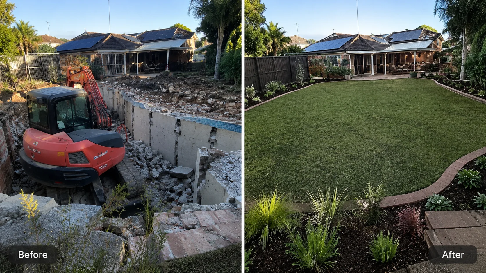Representative before and after concrete pool demolition with excavator and completed lawn reinstatement